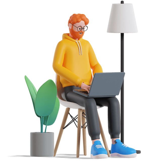 Animated cartoon character sitting on a chair using a laptop, with a lamp and plant beside them, representing a cozy and productive workspace.