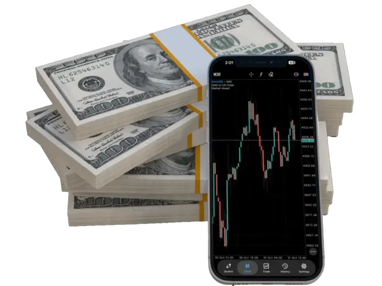 Dollar symbol and smartphone displaying an M30 candlestick chart, representing online trading education.
